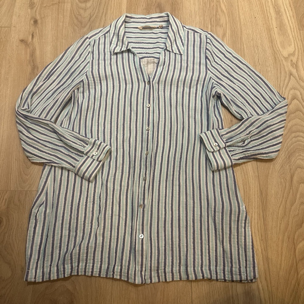Soft Surroundings Aqua Blue Stripe Escambia Cotton Gauze Tunic Shirt Size Large
